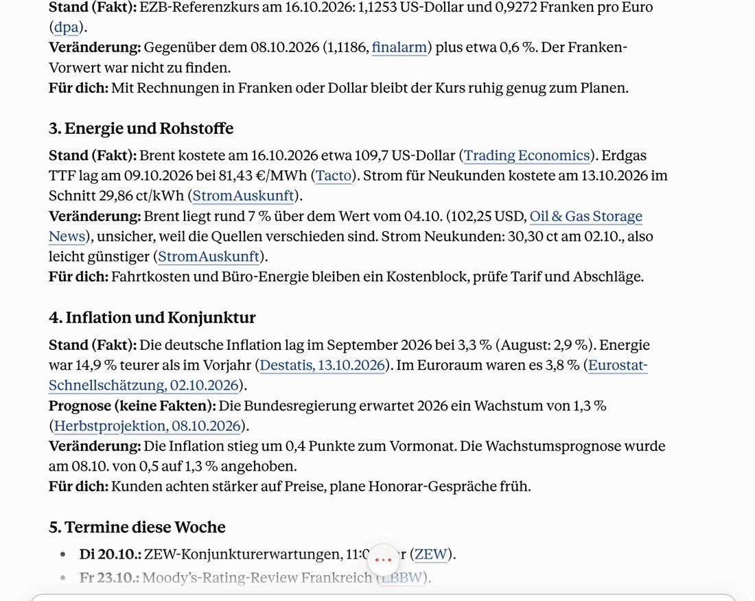 Claude-Markt-Briefing mit Euro-Kurs, Energie, Inflation und Quellenlinks