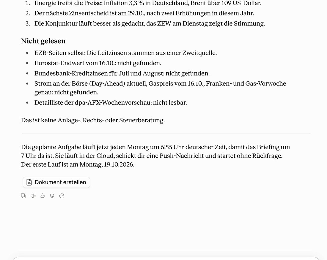 Ende des Claude-Markt-Briefings mit Terminen und Quellenhinweisen