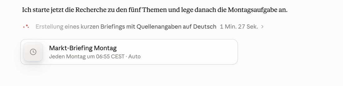 Claude zeigt die geplante Aufgabe Markt-Briefing