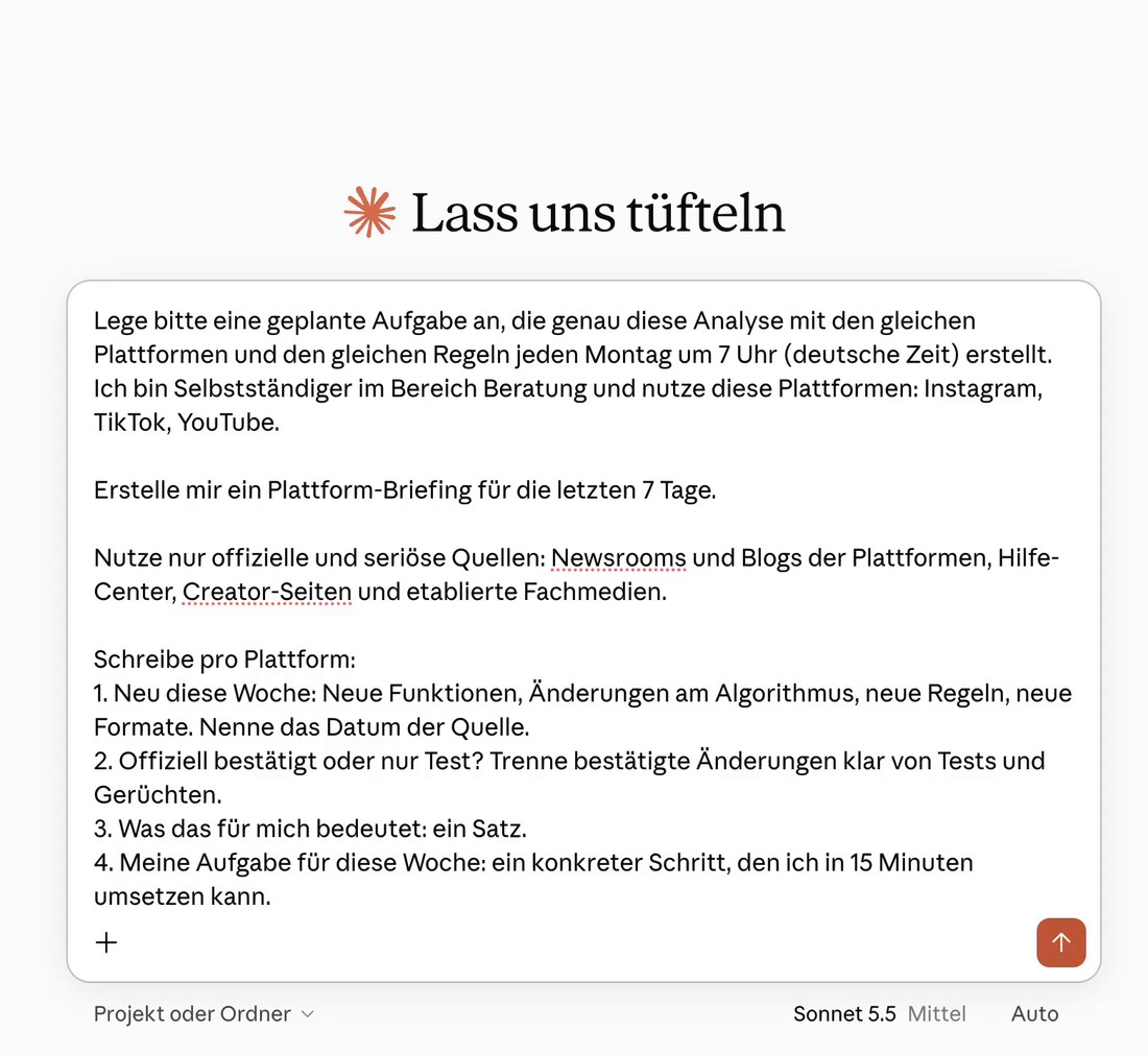 Neuer Claude-Chat mit Plattform-Briefing-Prompt