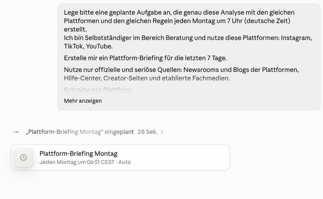 Claude bestätigt die geplante Aufgabe Plattform-Briefing