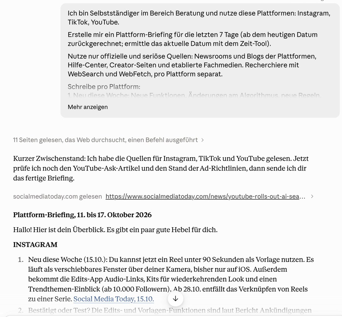 Claude-Briefing mit Instagram-Neuigkeiten, Status und Quellenlink