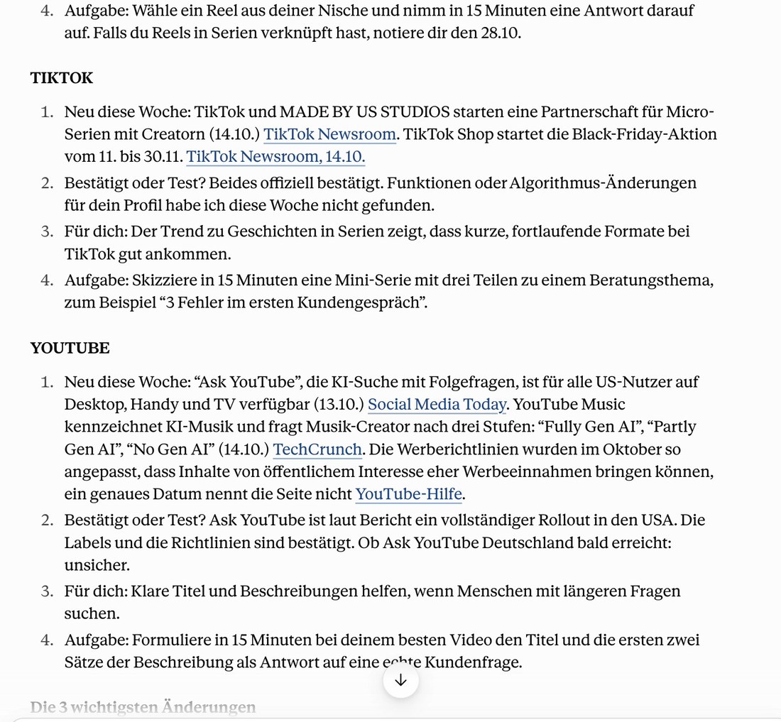 Claude-Briefing mit TikTok- und YouTube-Neuigkeiten