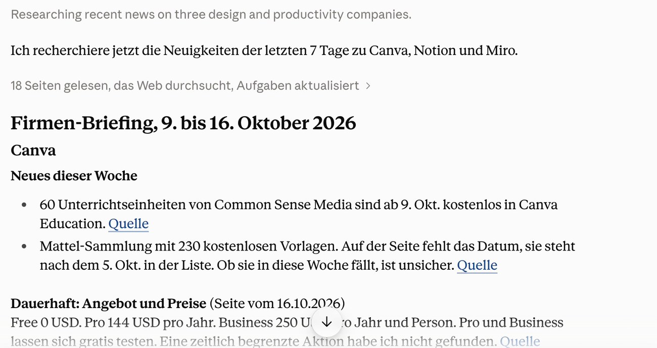 Fertiges Firmen-Briefing mit Neuigkeiten, Angeboten, Preisen und Quellenlinks