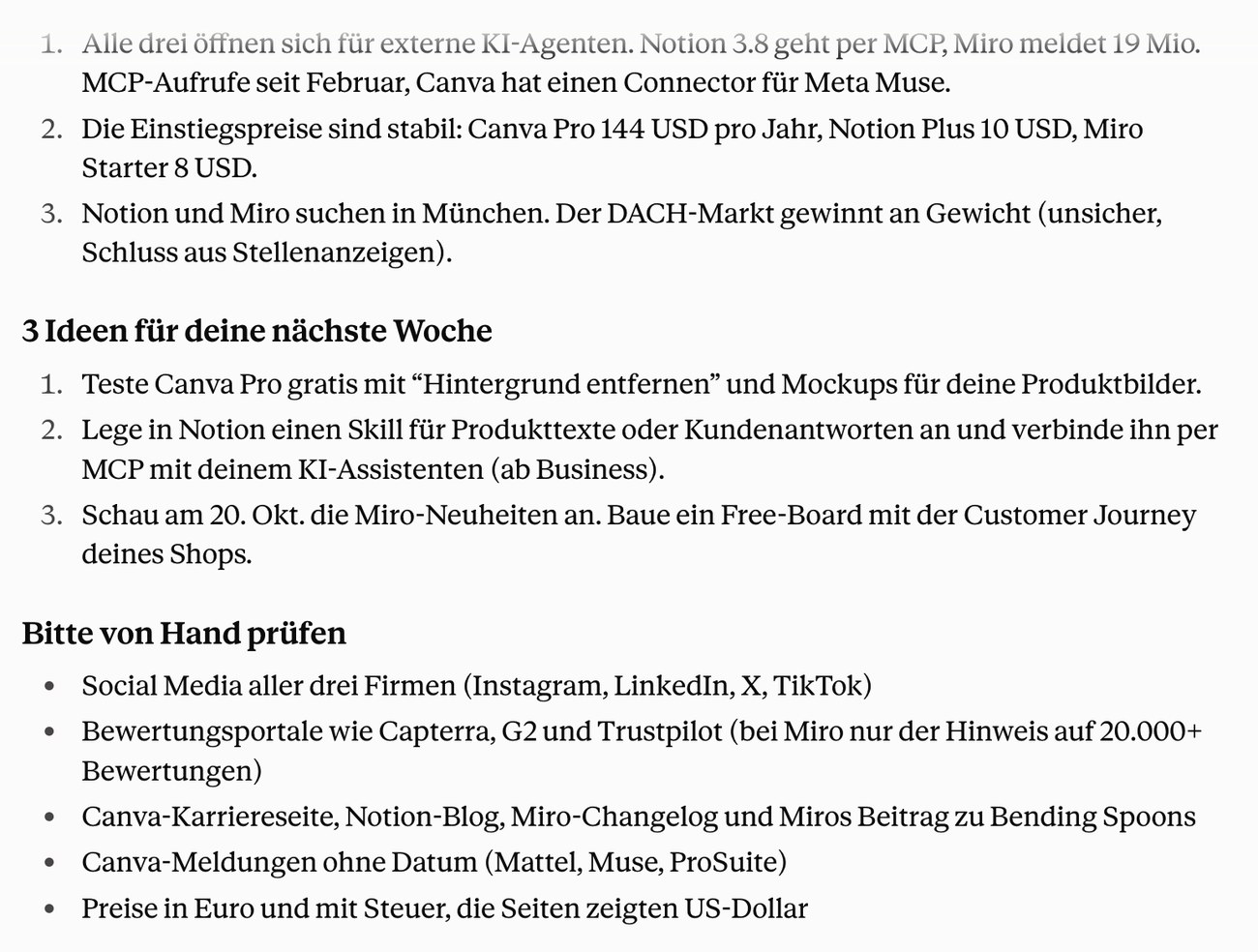 Ende des Briefings mit Ideen für die nächste Woche und manuellen Prüfpunkten