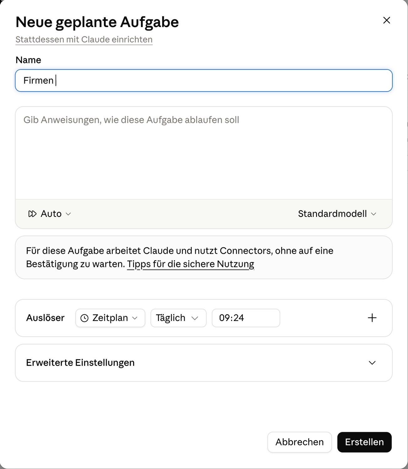 Formular für eine neue geplante Aufgabe mit Namensfeld