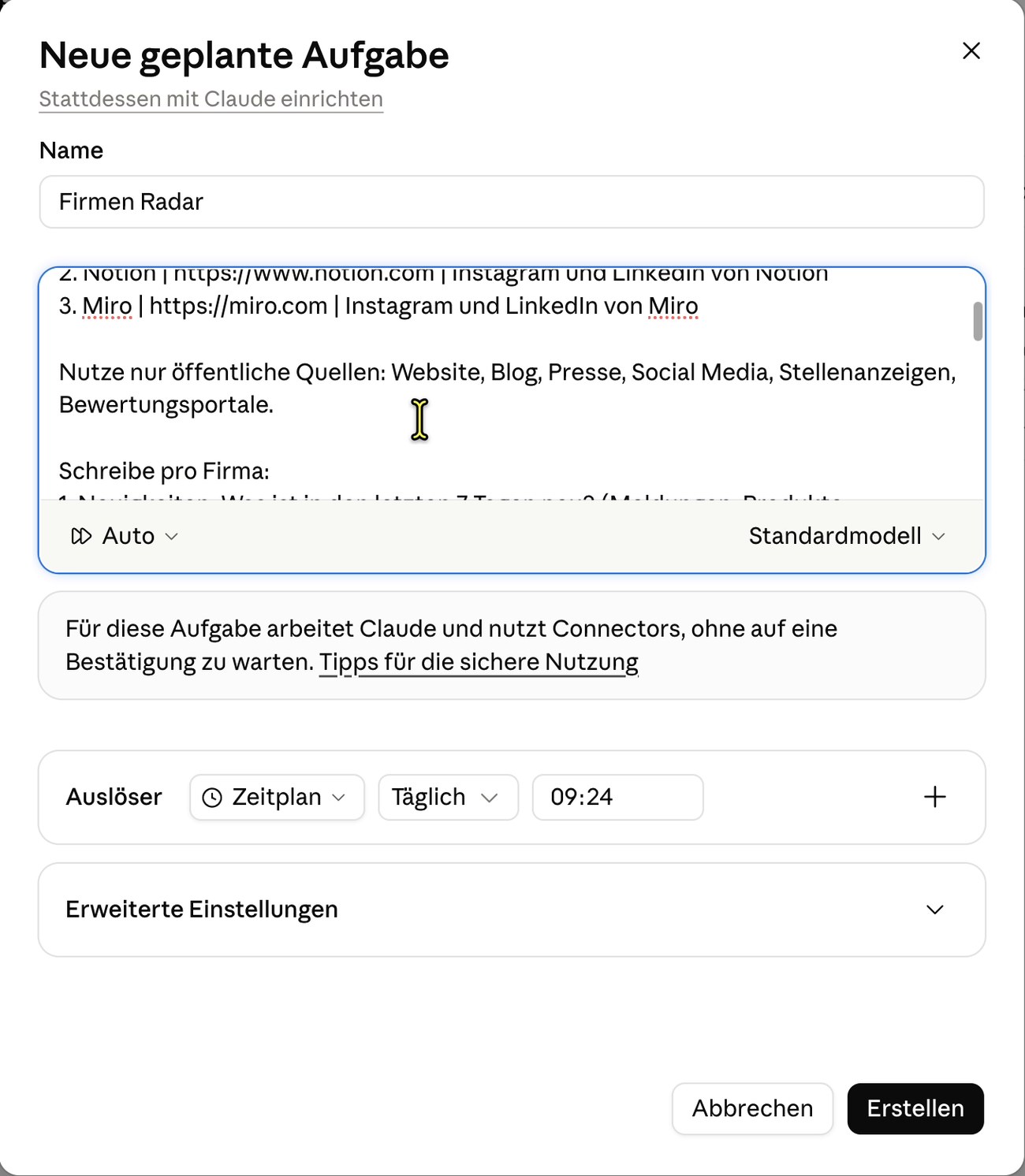 Formular für eine geplante Aufgabe mit Prompt im Anweisungsfeld
