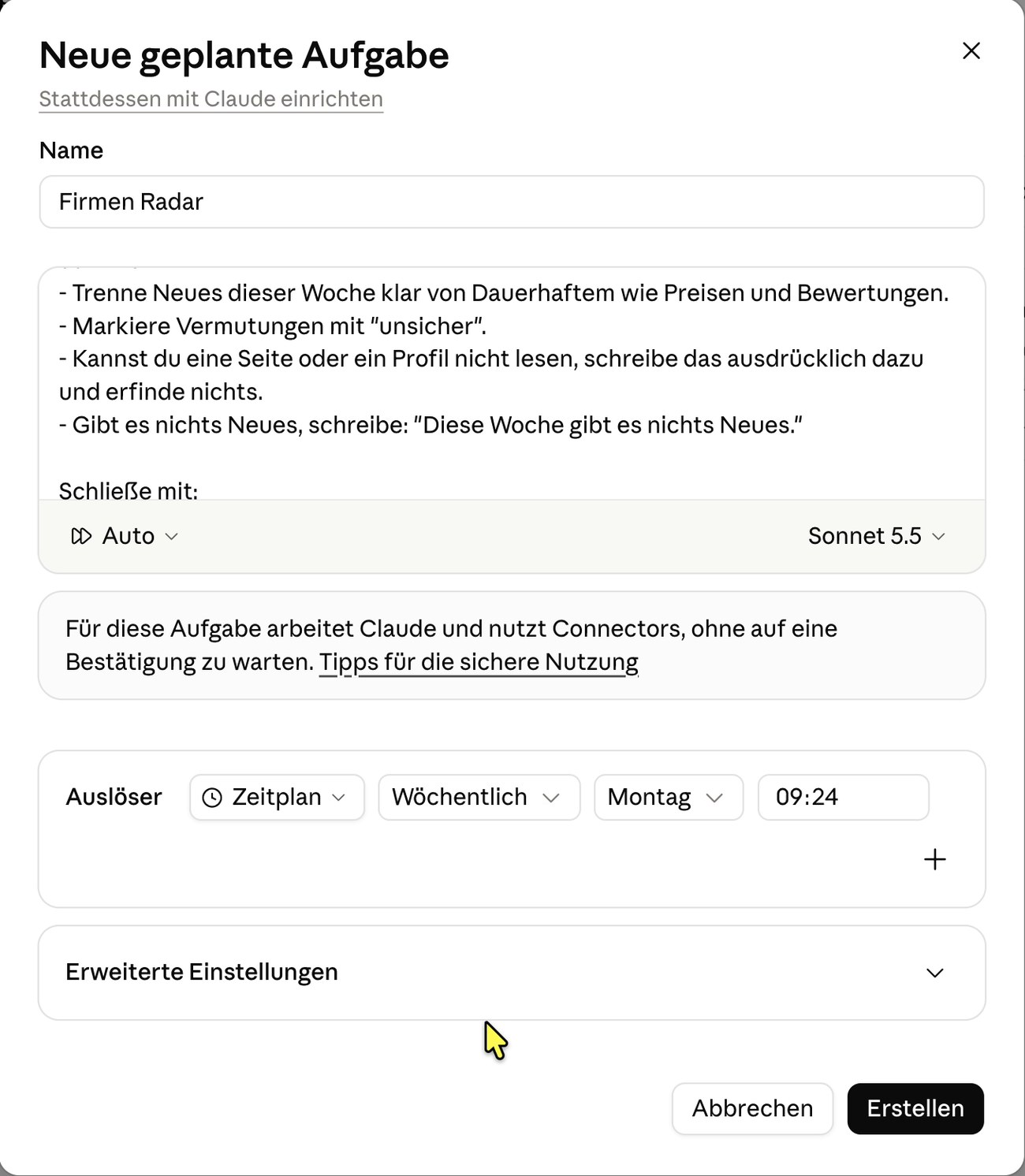 Formular für eine geplante Aufgabe mit wöchentlichem Zeitplan