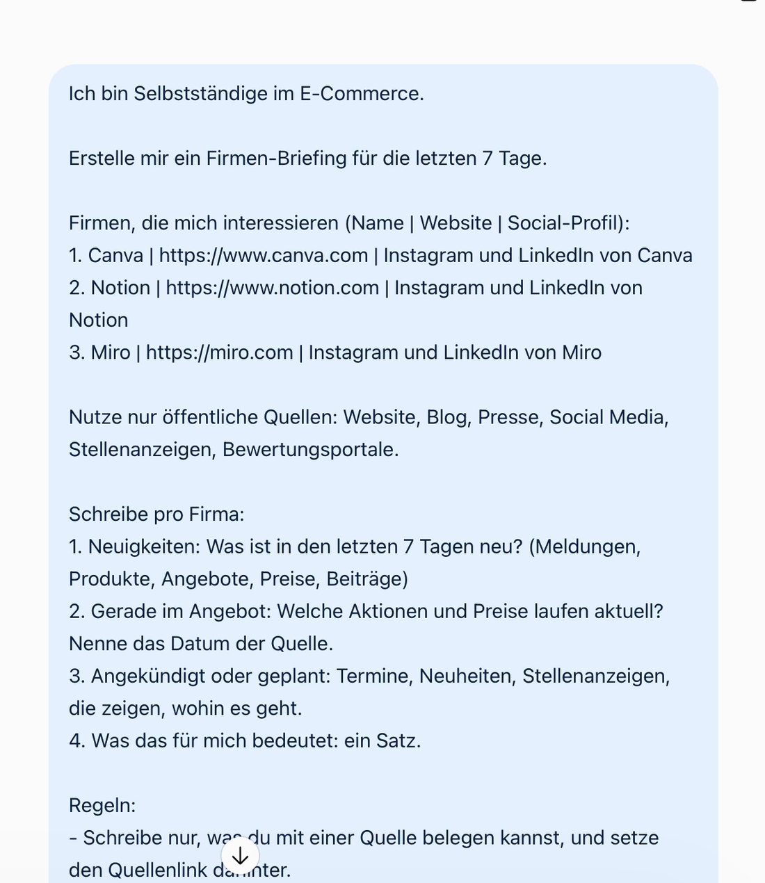 Neuer ChatGPT-Chat mit eingefügtem Firmenradar-Prompt