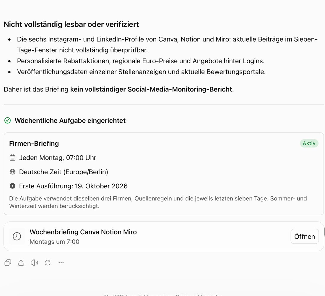 ChatGPT zeigt die Karte Wöchentliche Aufgabe eingerichtet